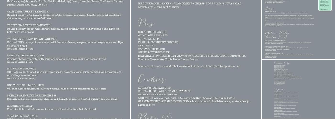 Bird Bakery Menu