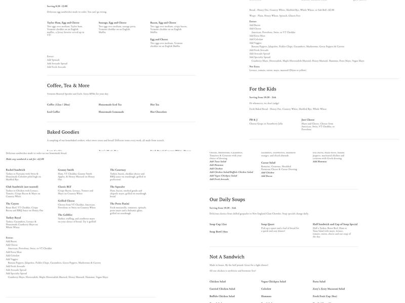 Zoey's Deli & Bakery Menu