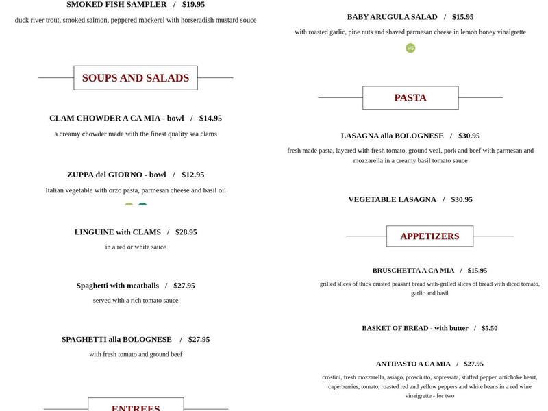 A Ca Mia Ristorante/Bakery Menu