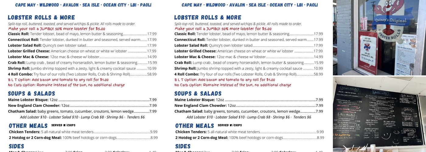 Quincy's Original Lobster Rolls Menu