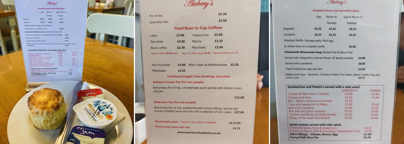Awbery's Tea Rooms Menu