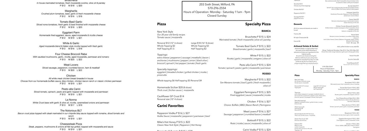 Carini Cucina E Pizzeria Menu