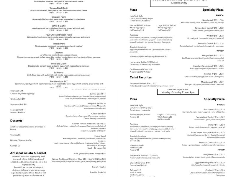 Carini Cucina E Pizzeria Menu