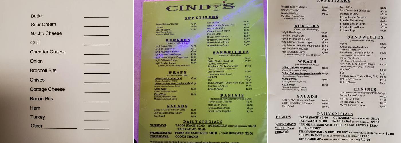 Cindy's Menu