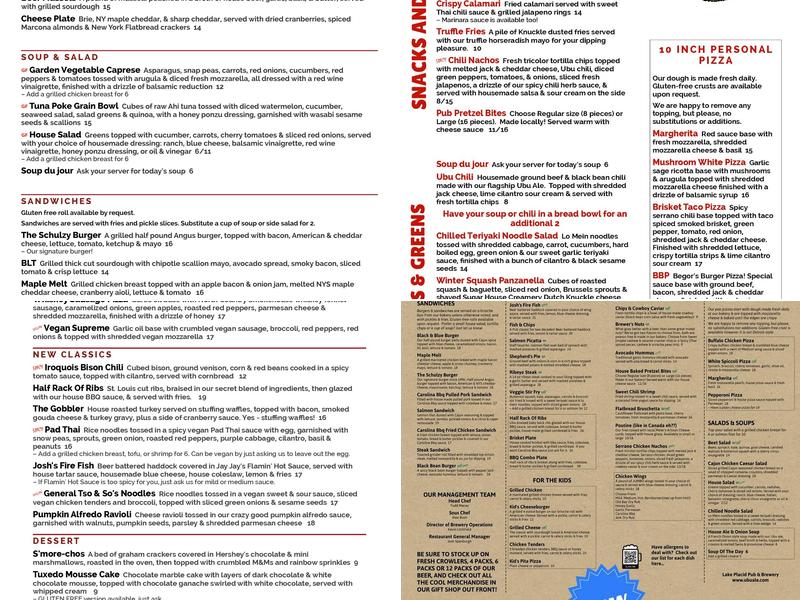 Lake Placid Pub & Brewery Menu