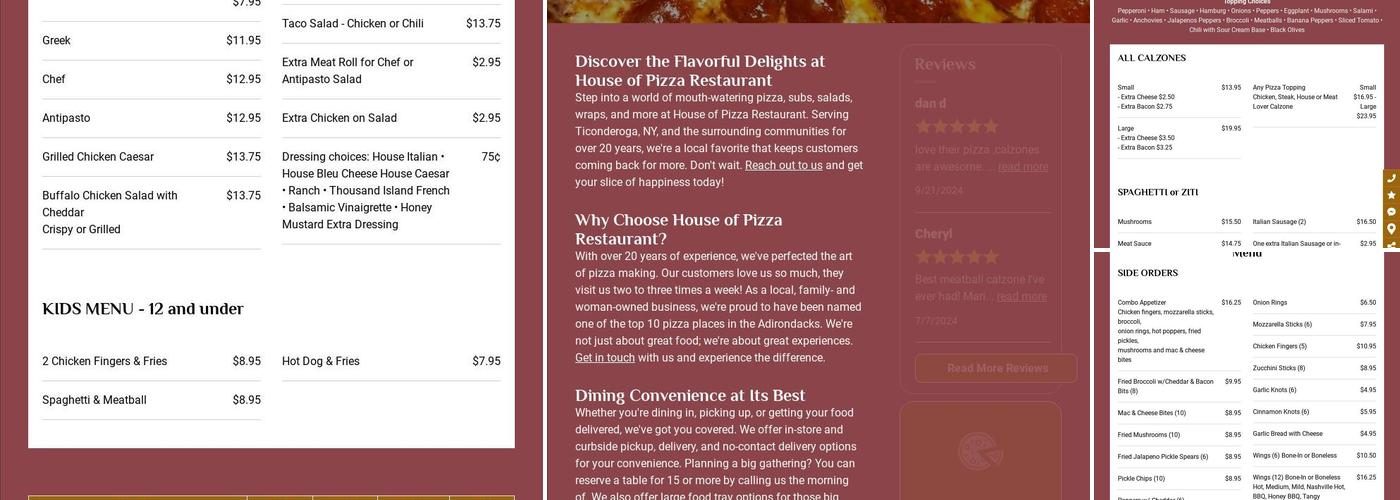 House of Pizza Restaurant Menu