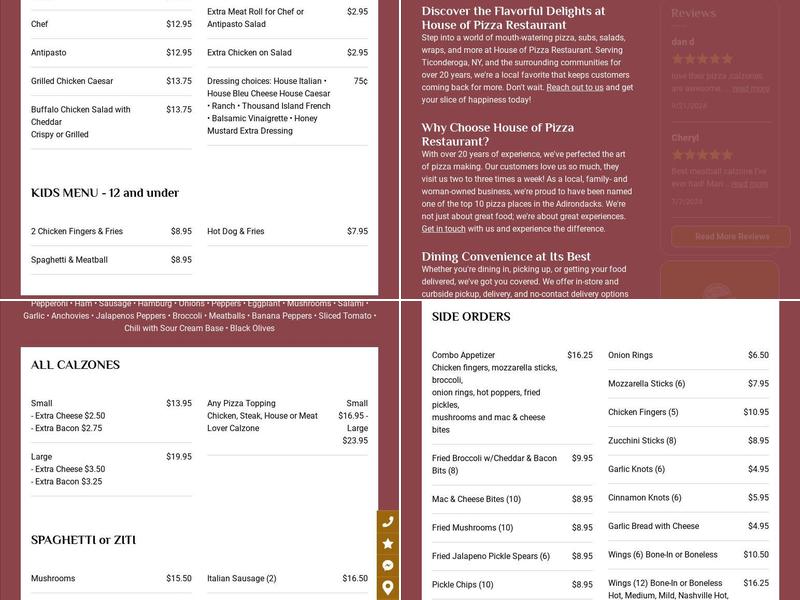 House of Pizza Restaurant Menu