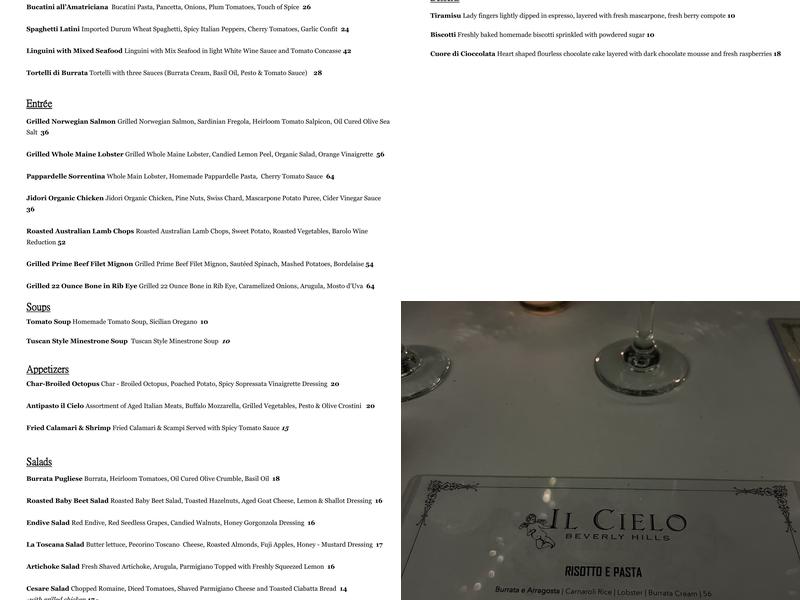 Il Cielo Menu