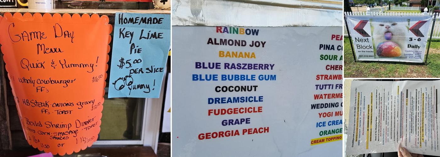 CrawBillys On The Tracks Menu