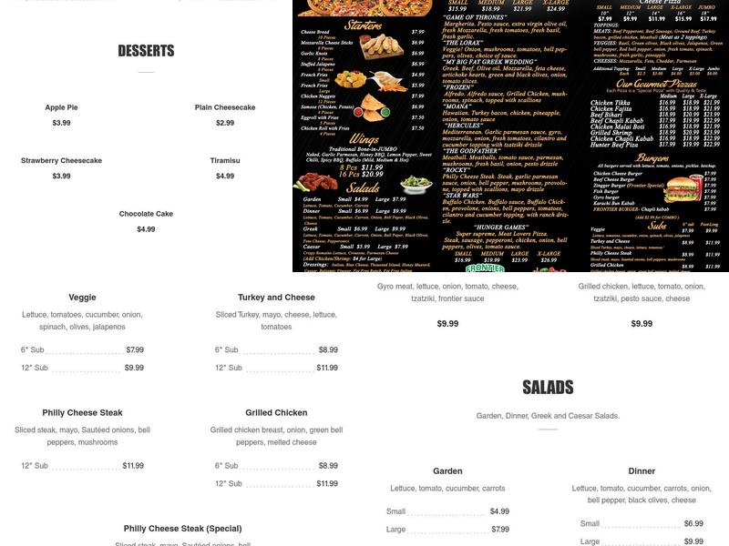 Frontier Pizza Menu