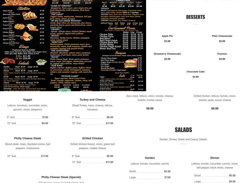 Frontier Pizza Menu