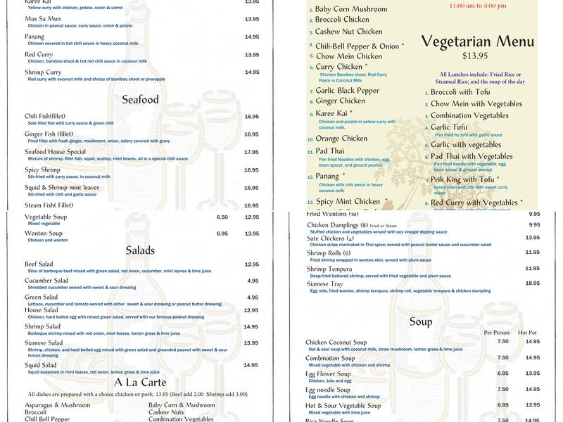 Siamese Restaurant Menu