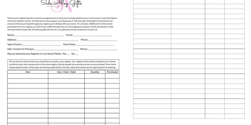 Side Alley Gifts Menu