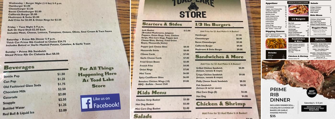 Toad Lake Store Menu