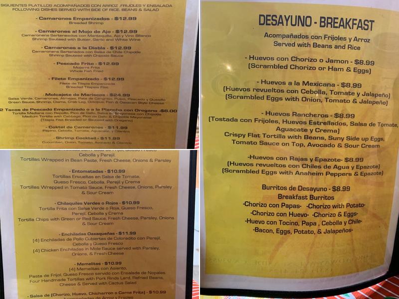 El Milagro Restaurant Menu