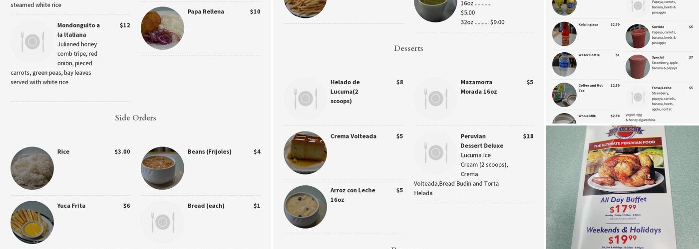 Inca Gourmet Peruvian Buffet Menu