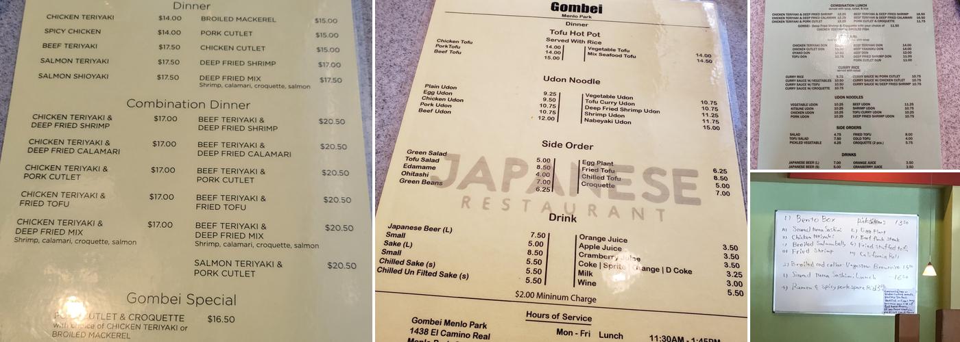 Gombei Japanese Restaurant Menlo park Menu