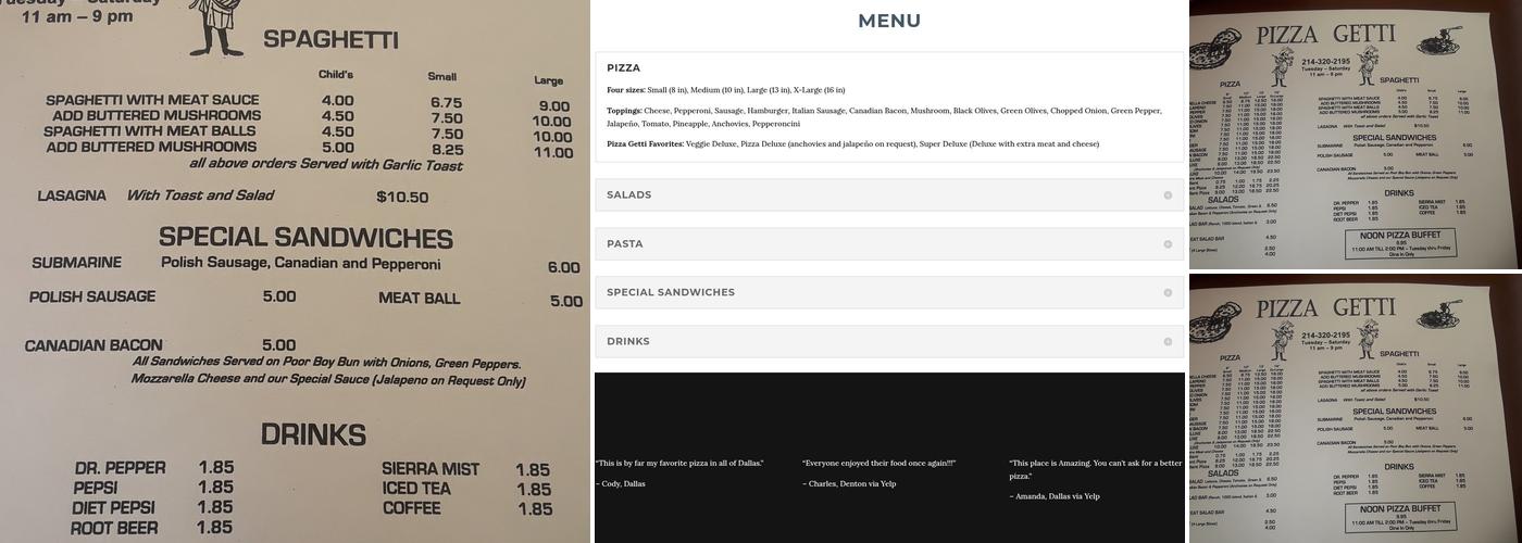Pizza Getti Menu