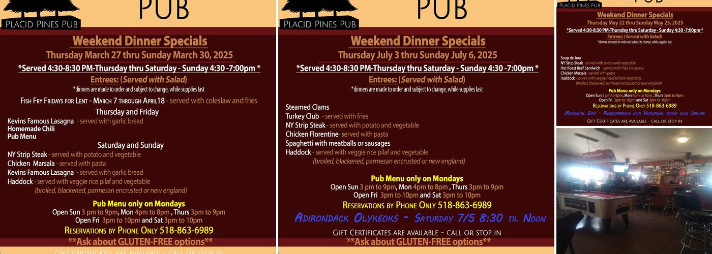Placid Pines Pub Menu