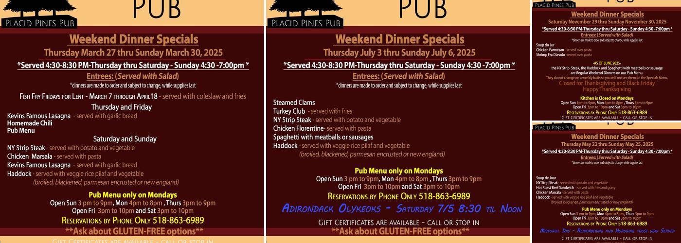 Placid Pines Pub Menu
