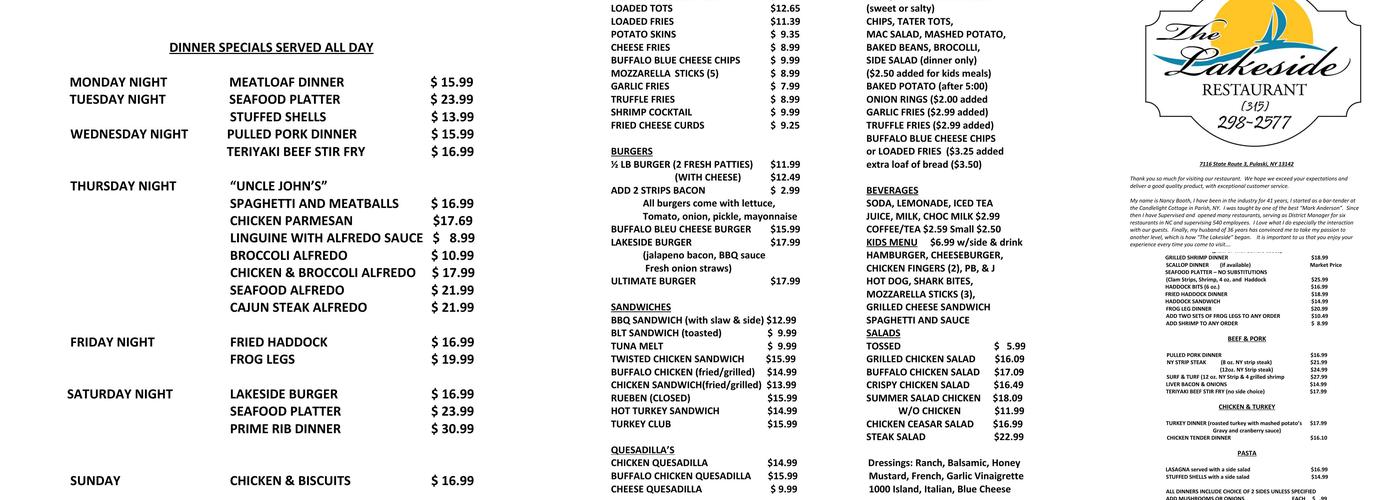 The Lakeside Restaurant Menu