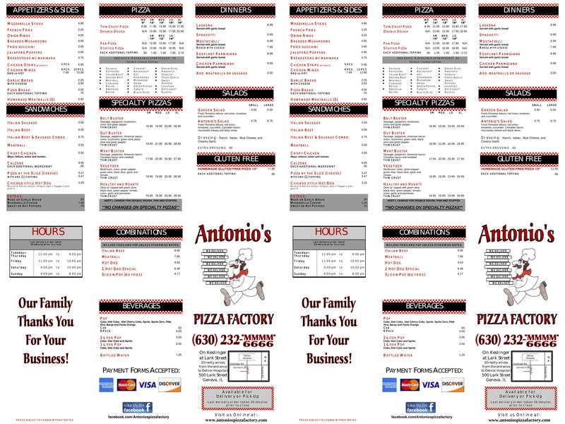 Antonio's Pizza Factory Menu