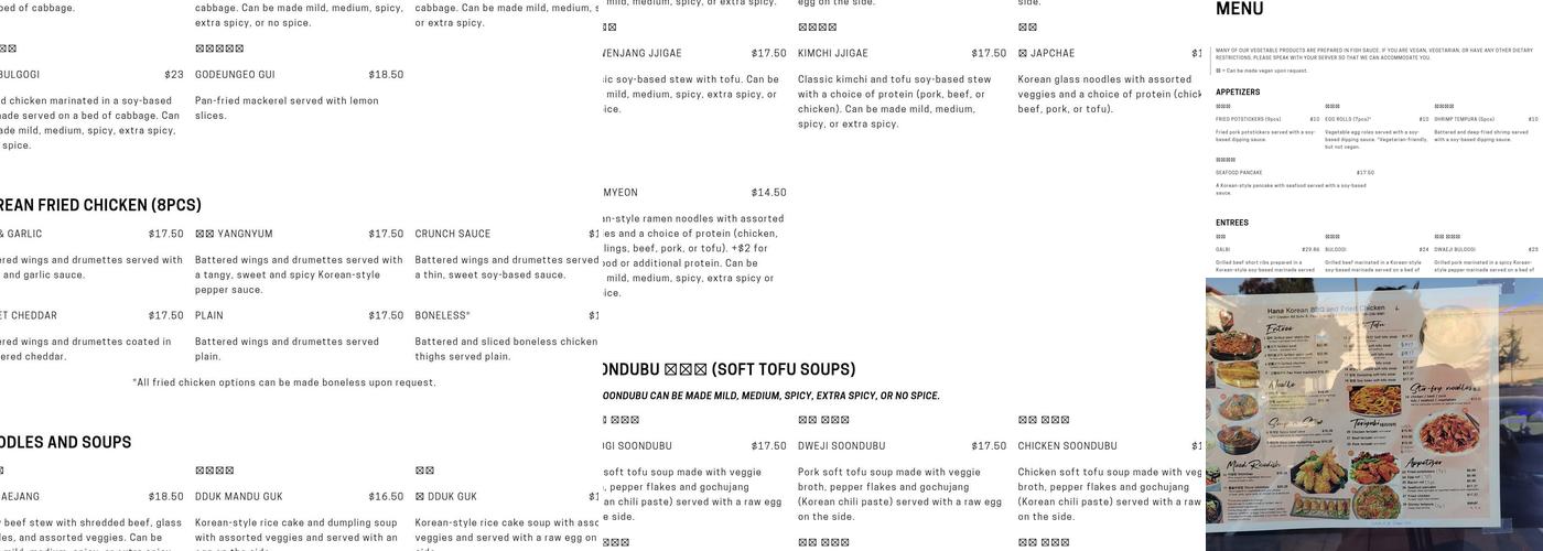 Hana Korean BBQ Menu