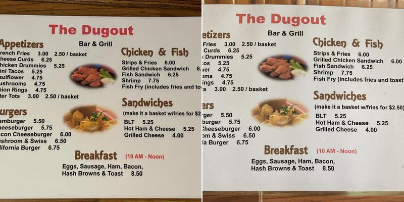 The Dug Out Menu