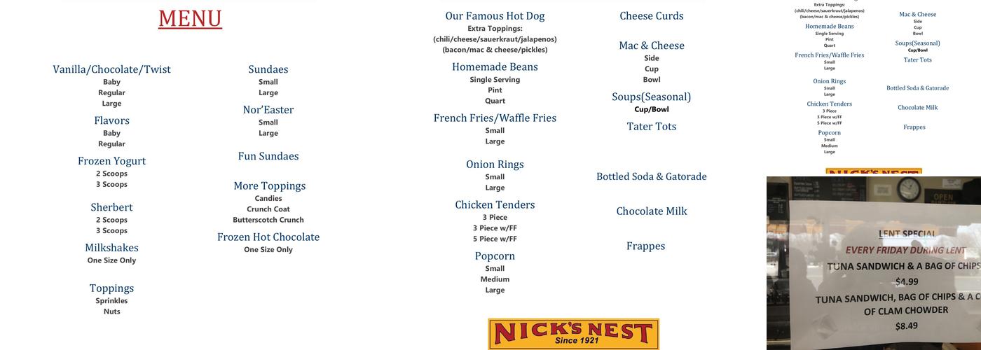 Nick's Nest Menu