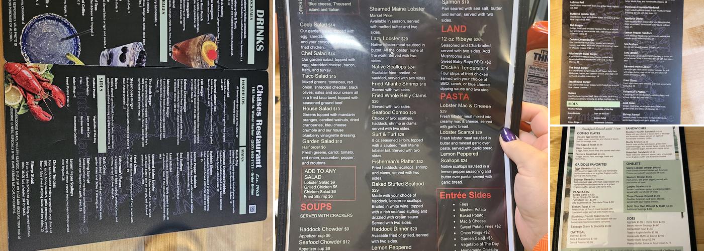 Chase's Restaurant Menu