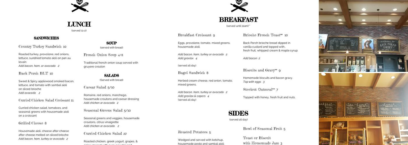 Back Porch Bakery Menu