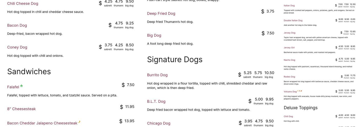 Jersey Dog Menu