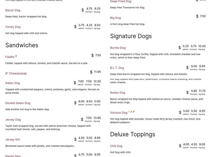 Jersey Dog Menu