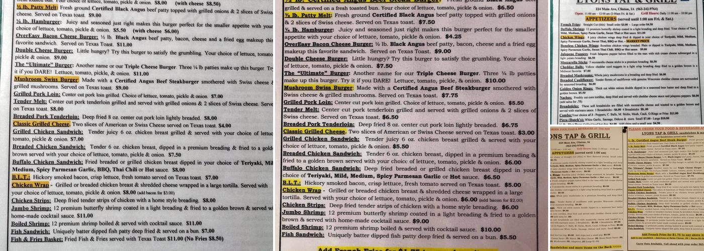 Lyons Tap & Grill Menu