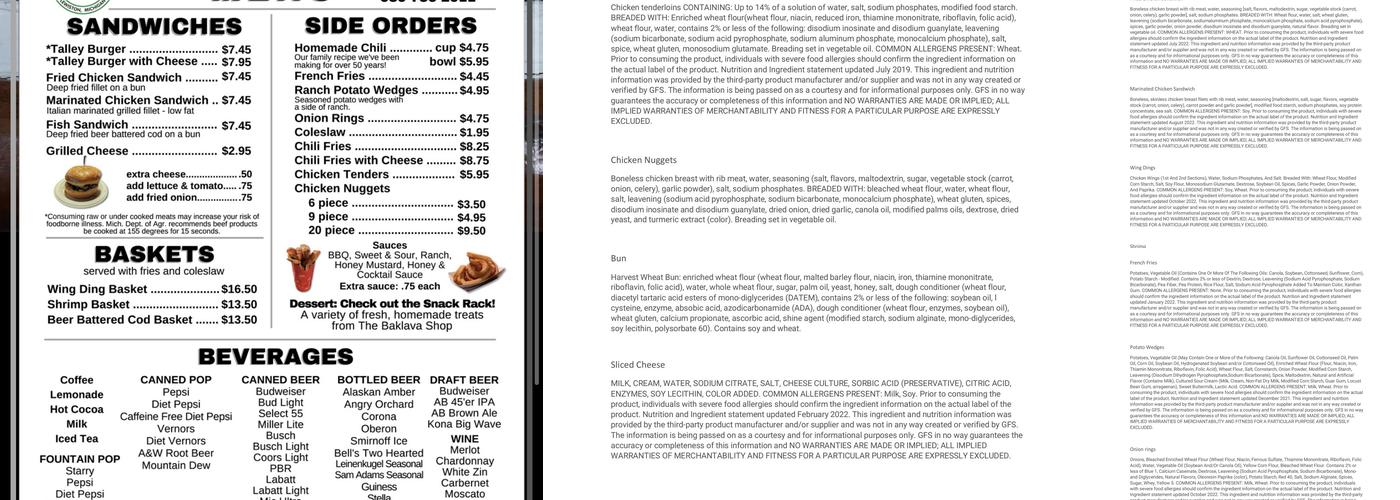 Talley's Log Cabin Menu