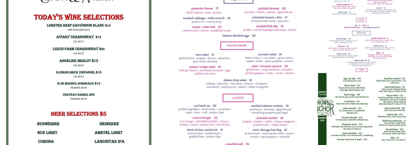 The Crown & Anchor Menu