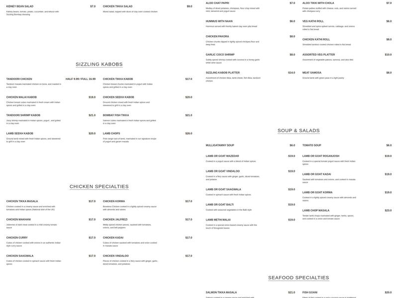 Sizzling Bombay Menu