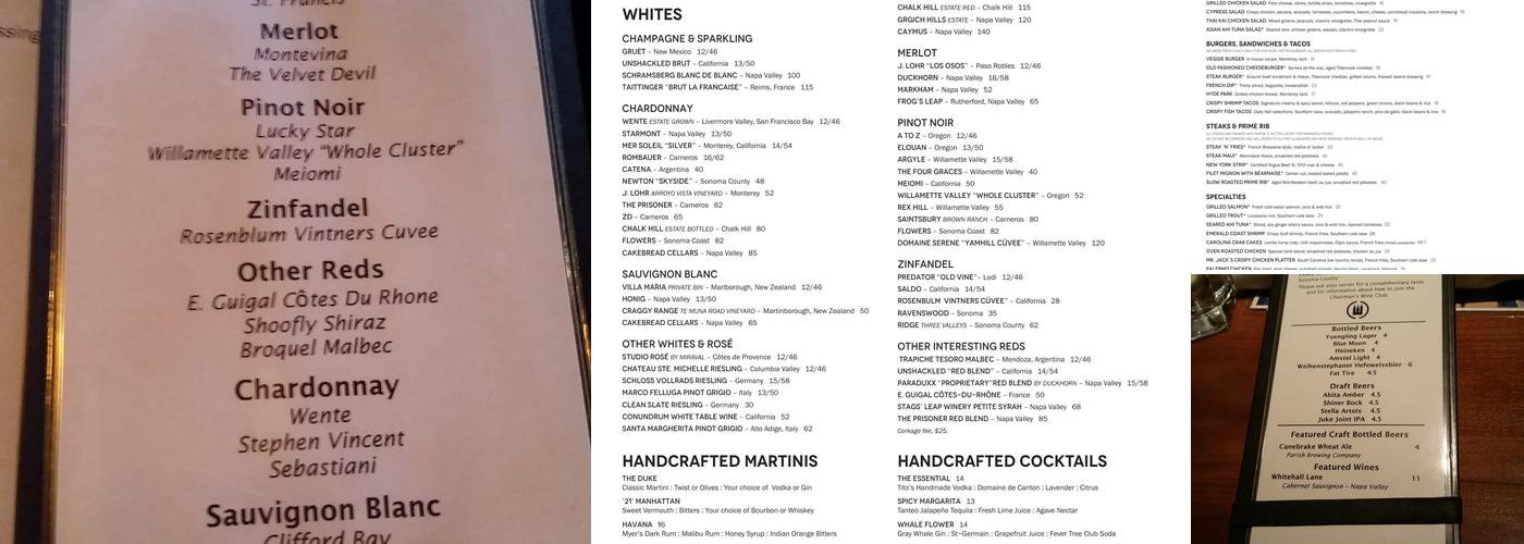 J. Alexander's Restaurant Menu