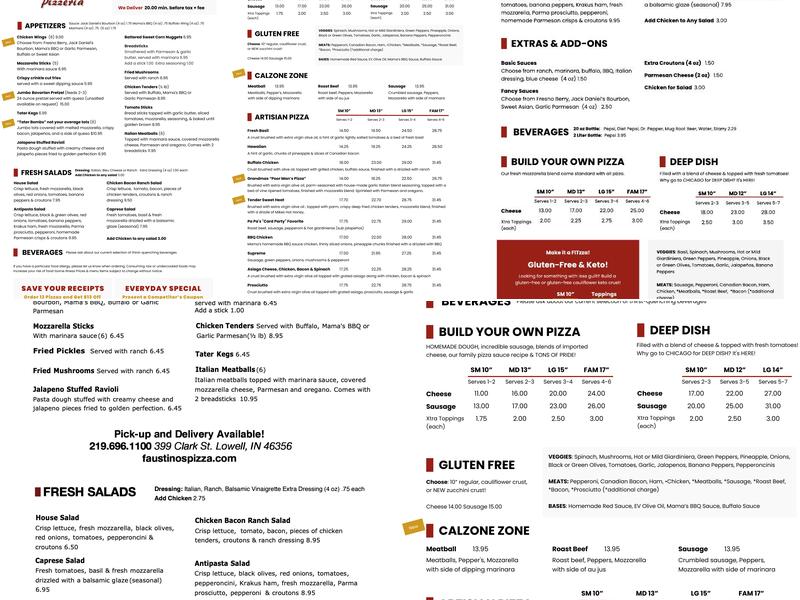 Faustino's Pizza Menu