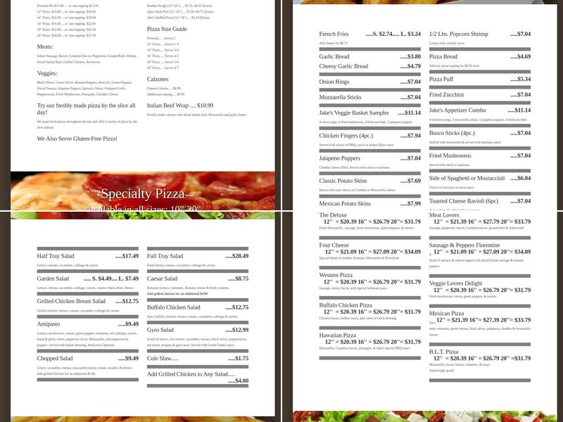 Jake's Pizza Menu