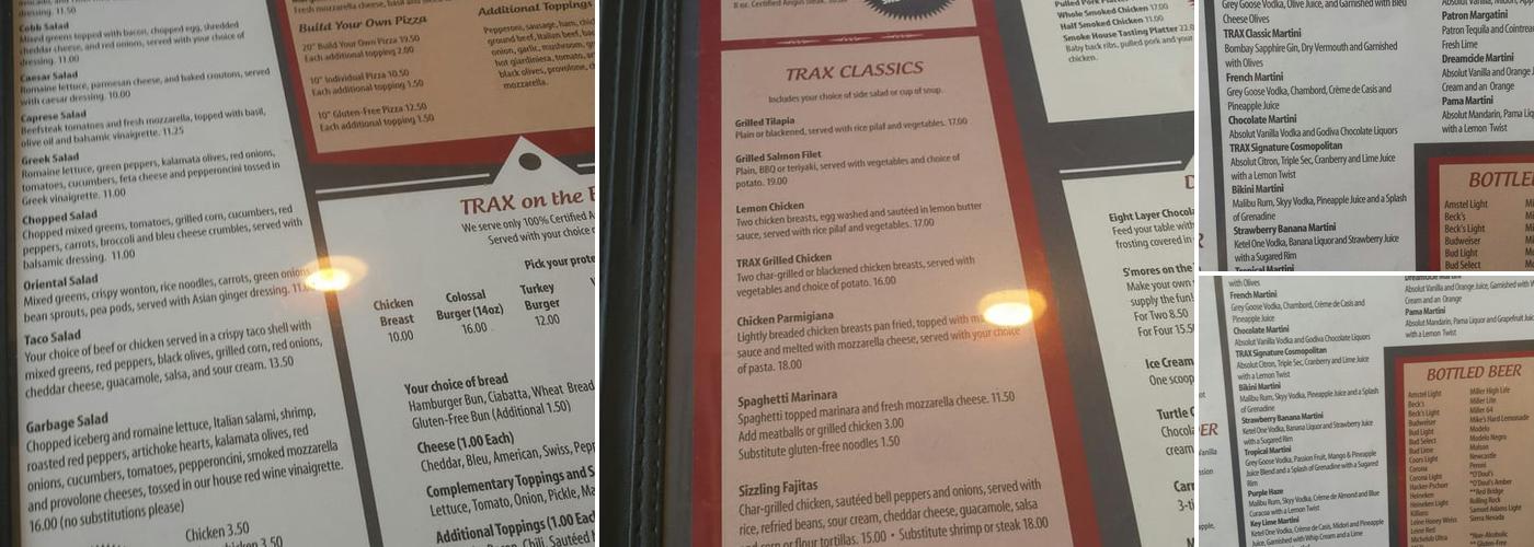 Trax Lakeside Cafe Menu