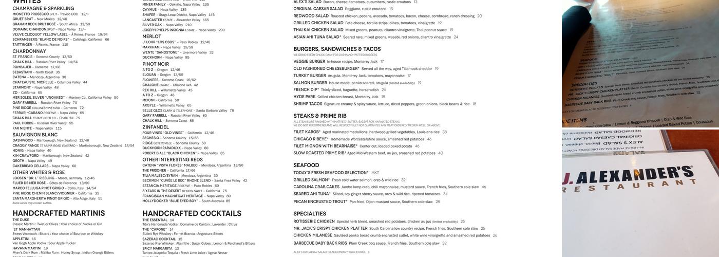 J. Alexander's Restaurant Menu