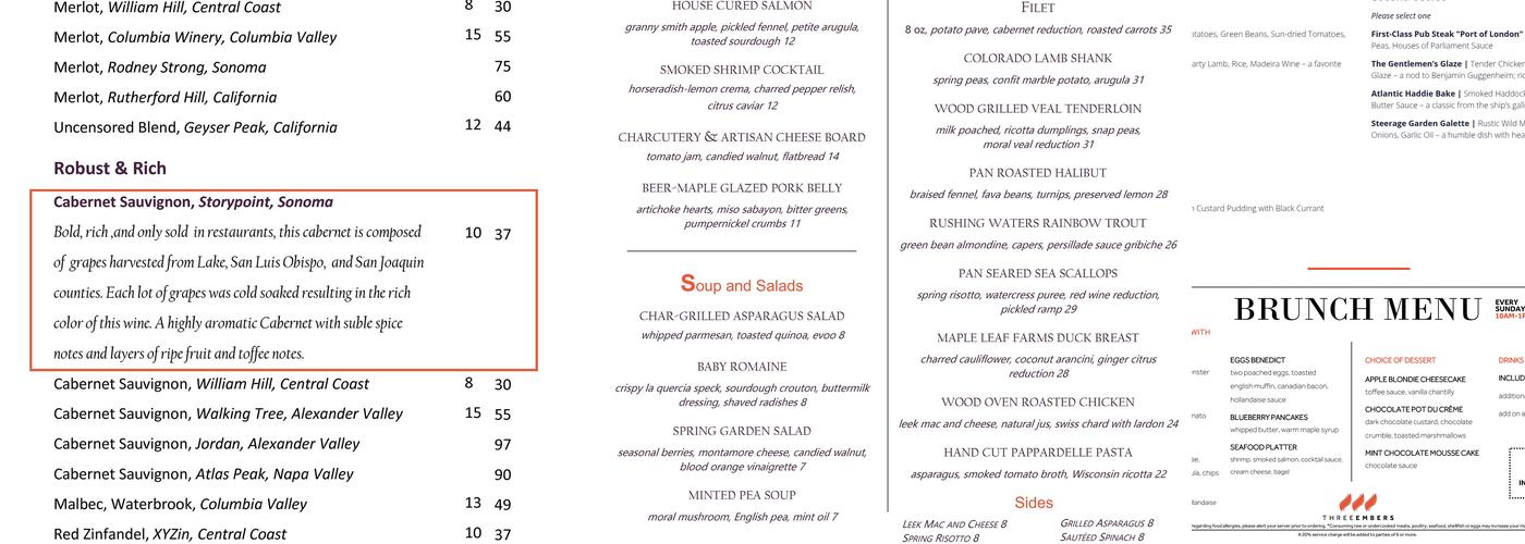 Three Embers Restaurant Menu