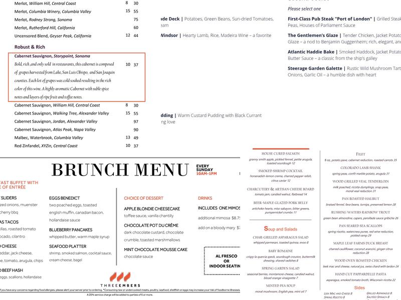 Three Embers Restaurant Menu