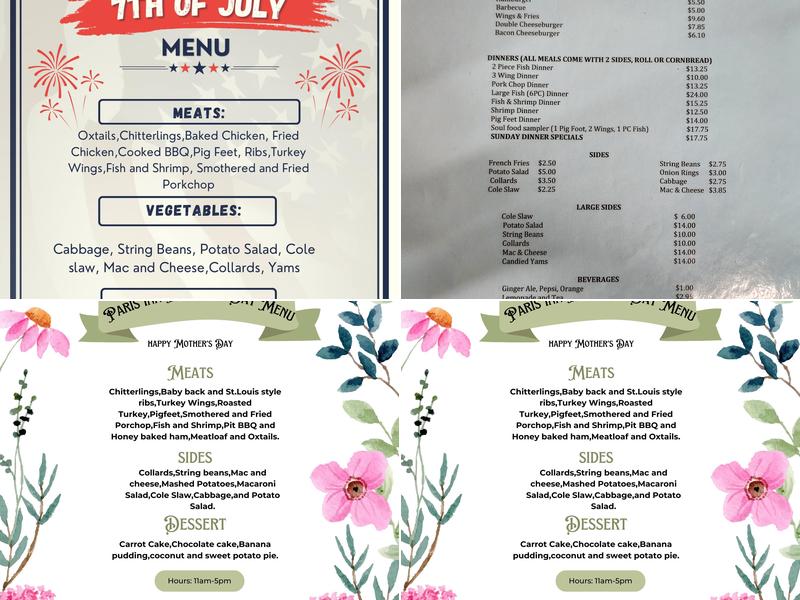 Paris Inn Restaurant Menu