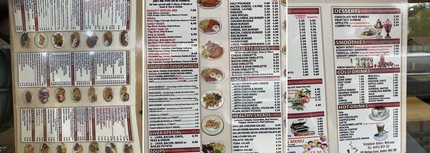 Cafe Radlett. Menu