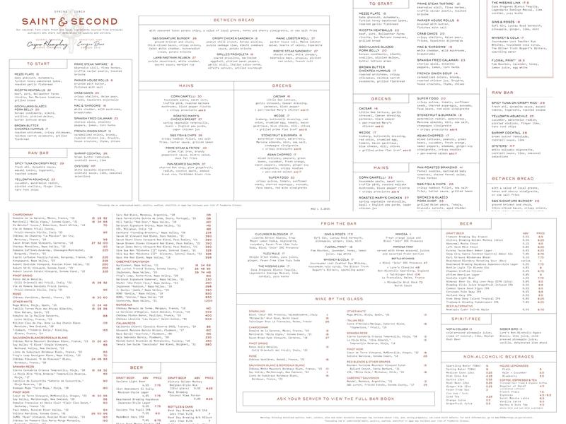 Saint & Second Menu