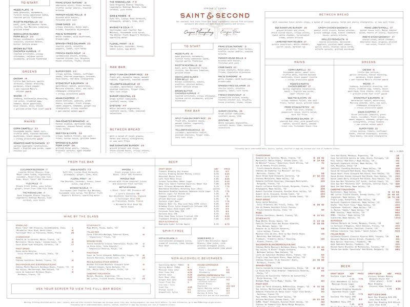 Saint & Second Menu