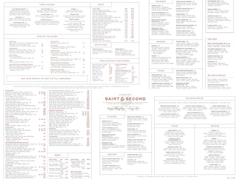Saint & Second Menu