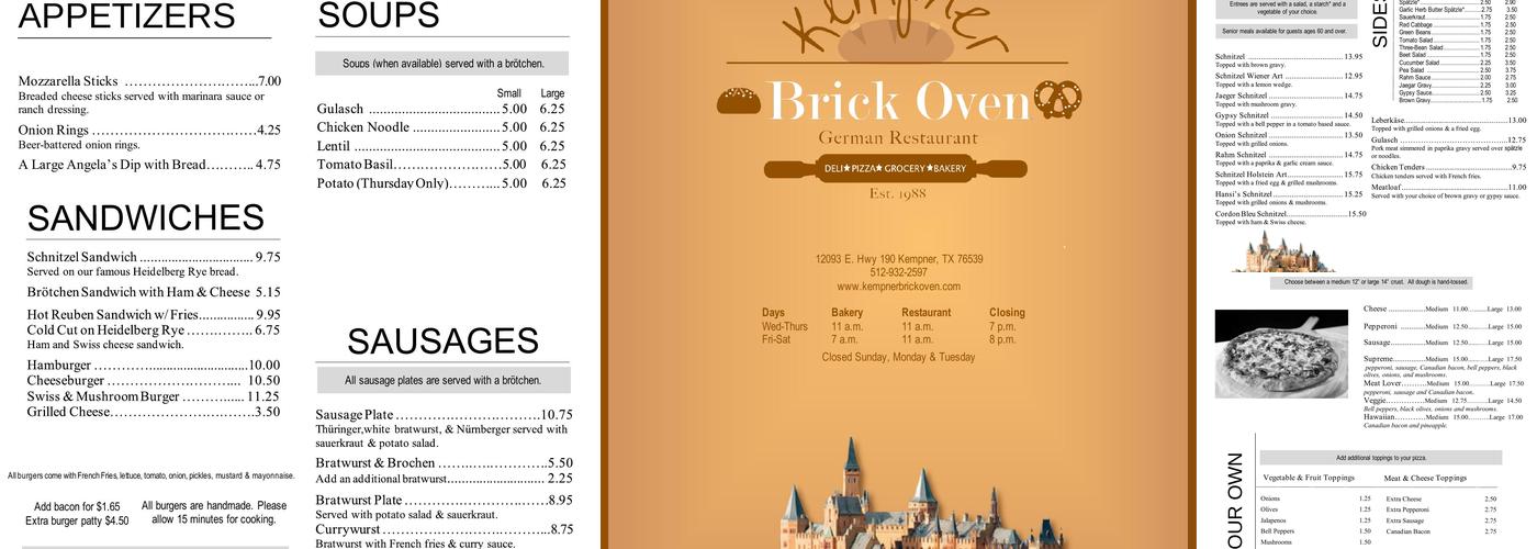 Kempner Brick Oven Menu